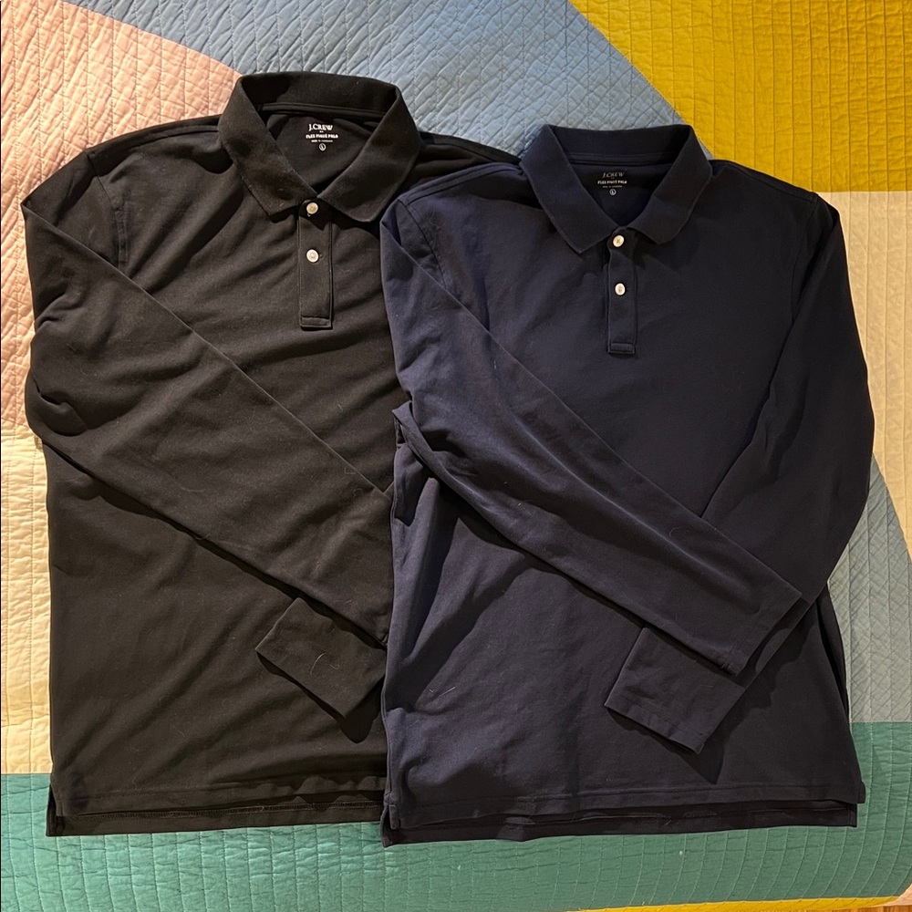 J. Crew 2pk Men’s Long Sleeve Flex Pique Henley Polo Shirts — Black & Navy — Lrg